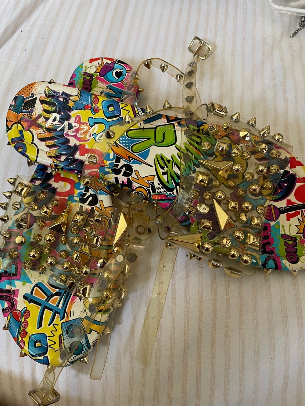 Studded Clear Strap Sandals with Colorful Graffiti Footbed